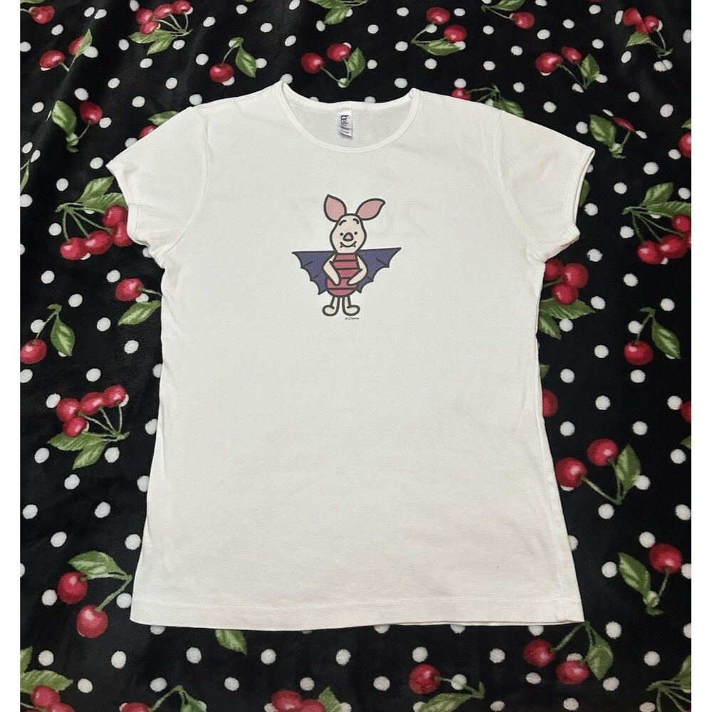 2007 Winnie the Pooh Piglet Bat Halloween Womens Fitted T Shirt White M/L Y2K